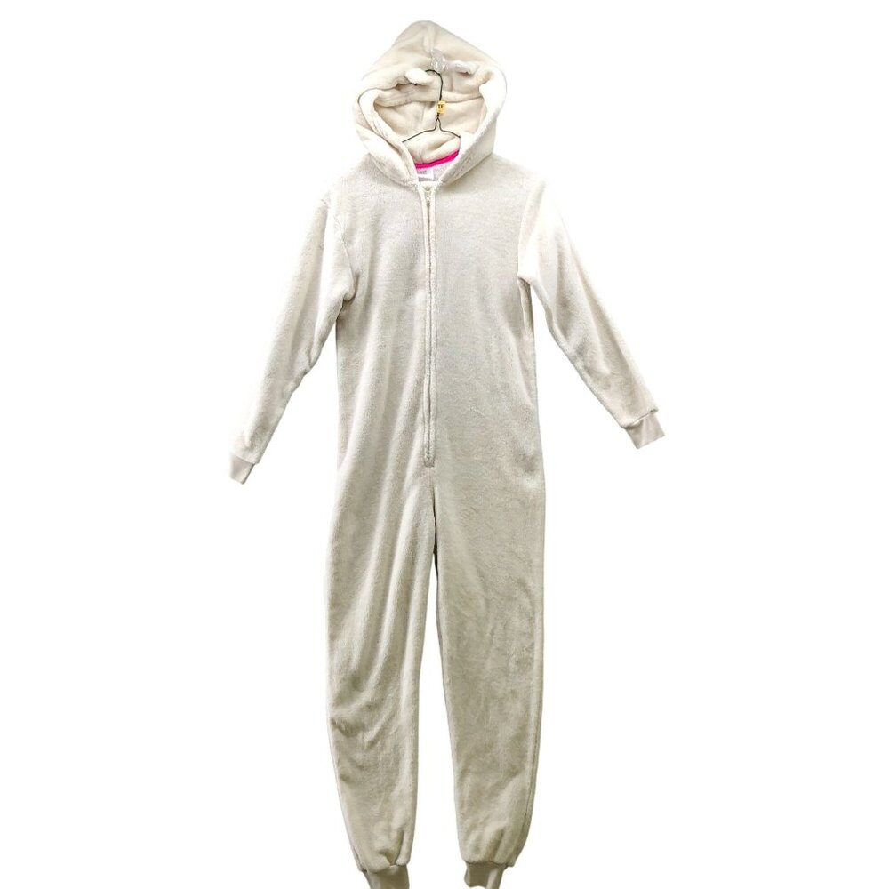 Gap Girls Size 12 One Piece Fleece Pajama Jumpsuit Unicorn Hooded Plush Ivory